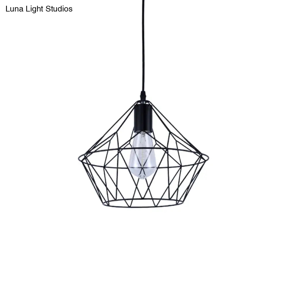 Modern 1-Light Pendant Fixture With Wire Cage - Black Metal Indoor Hanging Lamp
