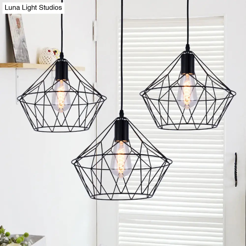 Modern 1-Light Pendant Fixture With Wire Cage - Black Metal Indoor Hanging Lamp