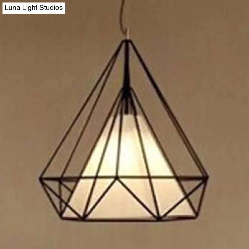 Modern Black Wire Cage Pendant With Fabric Shade - 1 Light Dining Room Lamp