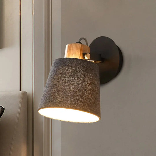 Modern Black Wood Wall Lamp With Barrel Fabric Shade - Mounted