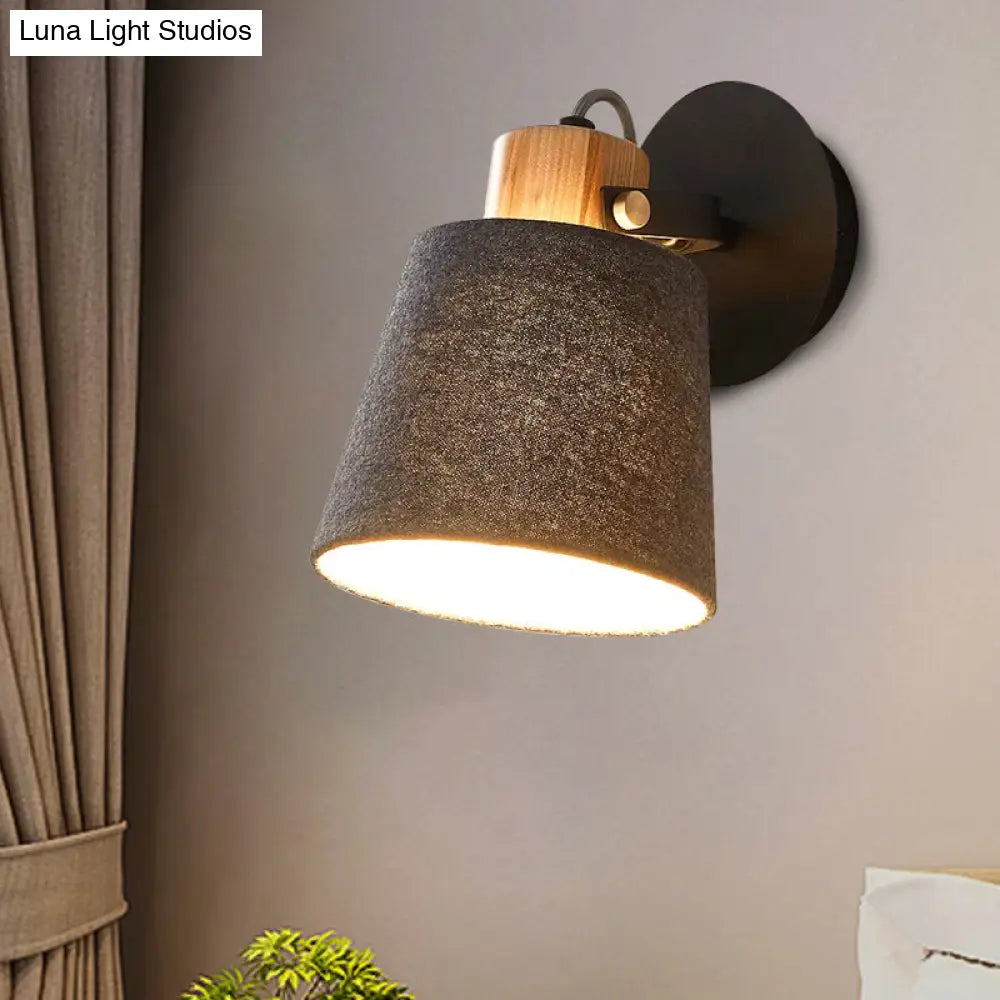 Modern Black Wood Wall Lamp With Barrel Fabric Shade - Mounted