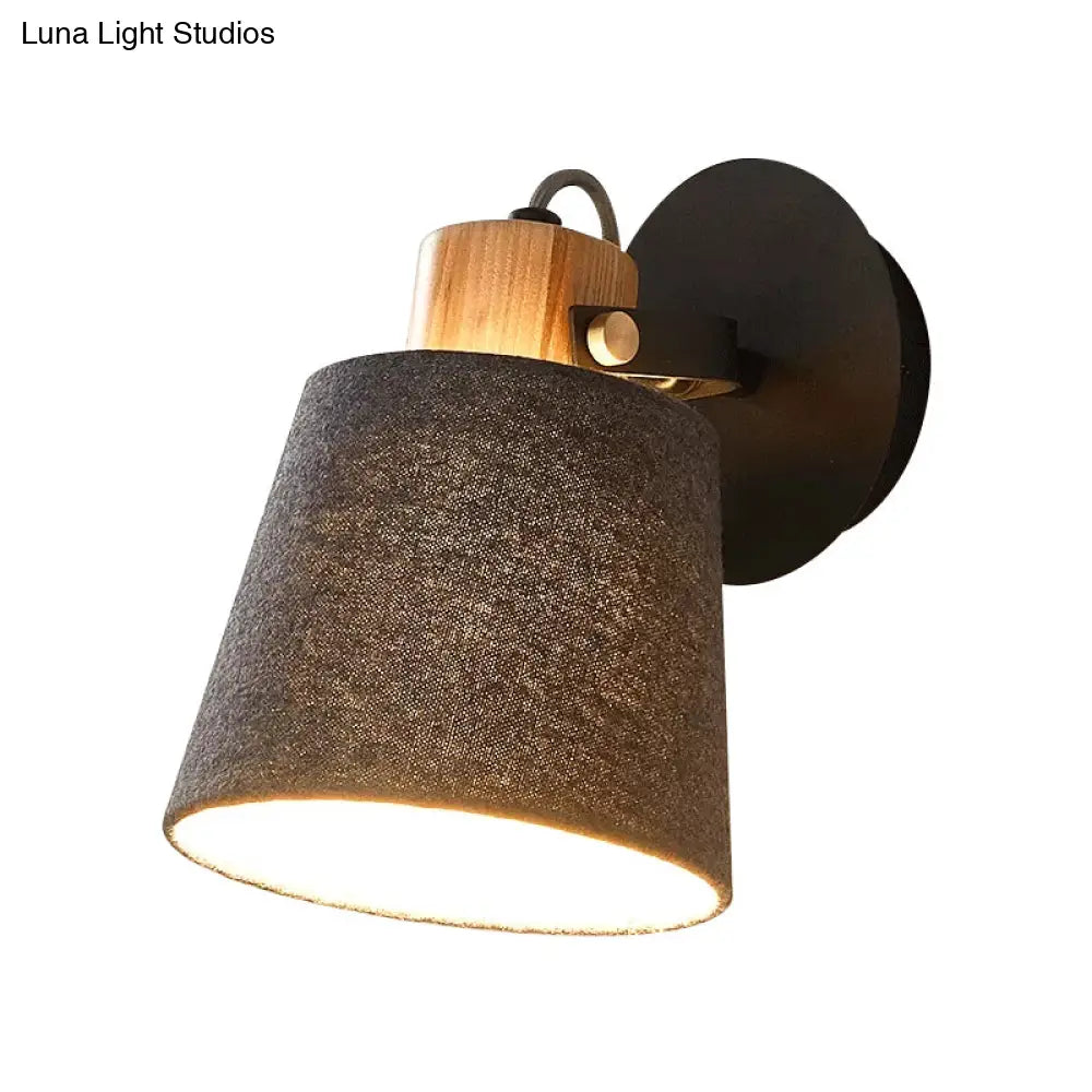 Modern Black Wood Wall Lamp With Barrel Fabric Shade - Mounted