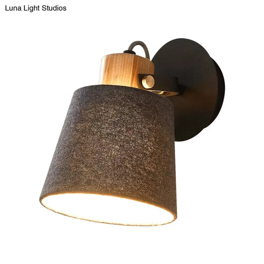 Modern Black Wood Wall Lamp With Barrel Fabric Shade - Mounted