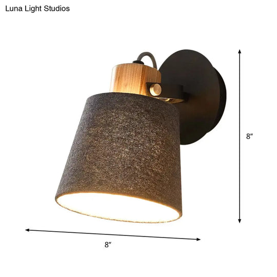 Modern Black Wood Wall Lamp With Barrel Fabric Shade - Mounted