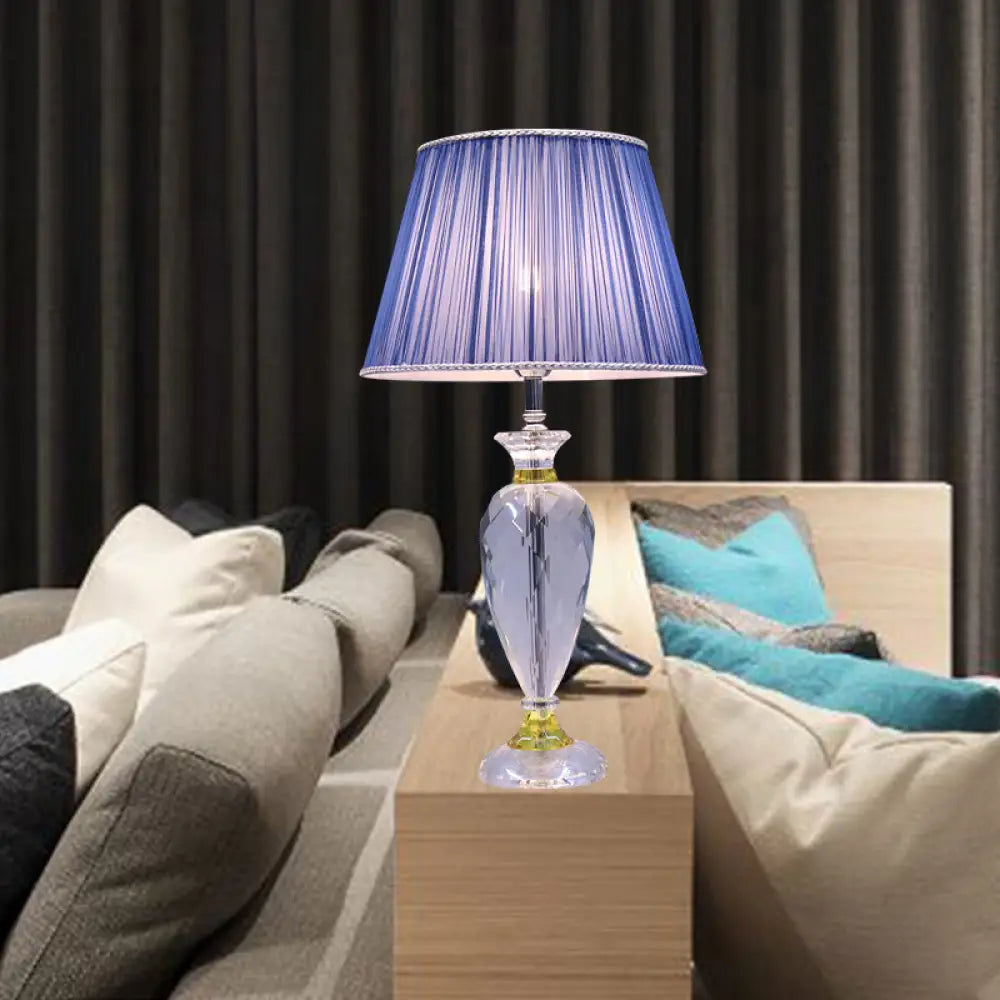 Modern Blue Barrel Table Lamp With Crystal Base - Bedroom Night Lighting