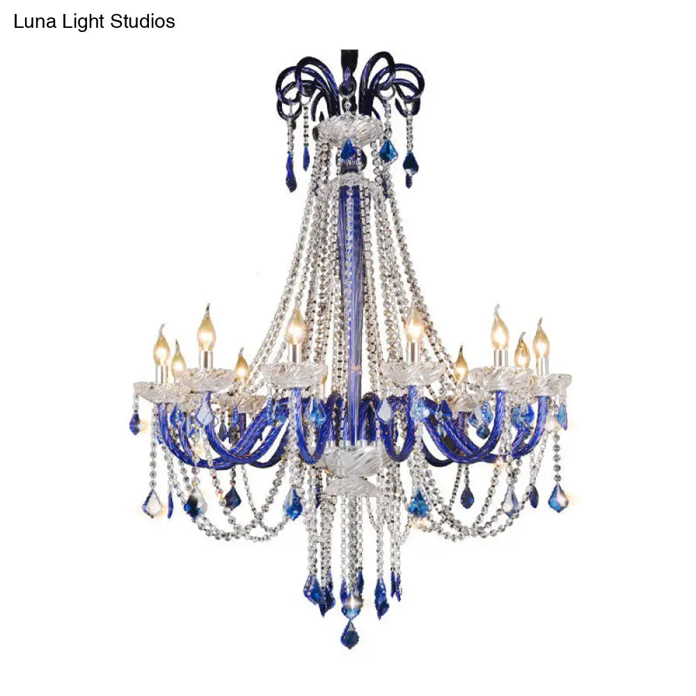 Modern Blue Crystal Candle Chandelier | 12-Light Hanging Ceiling Lamp For Balcony