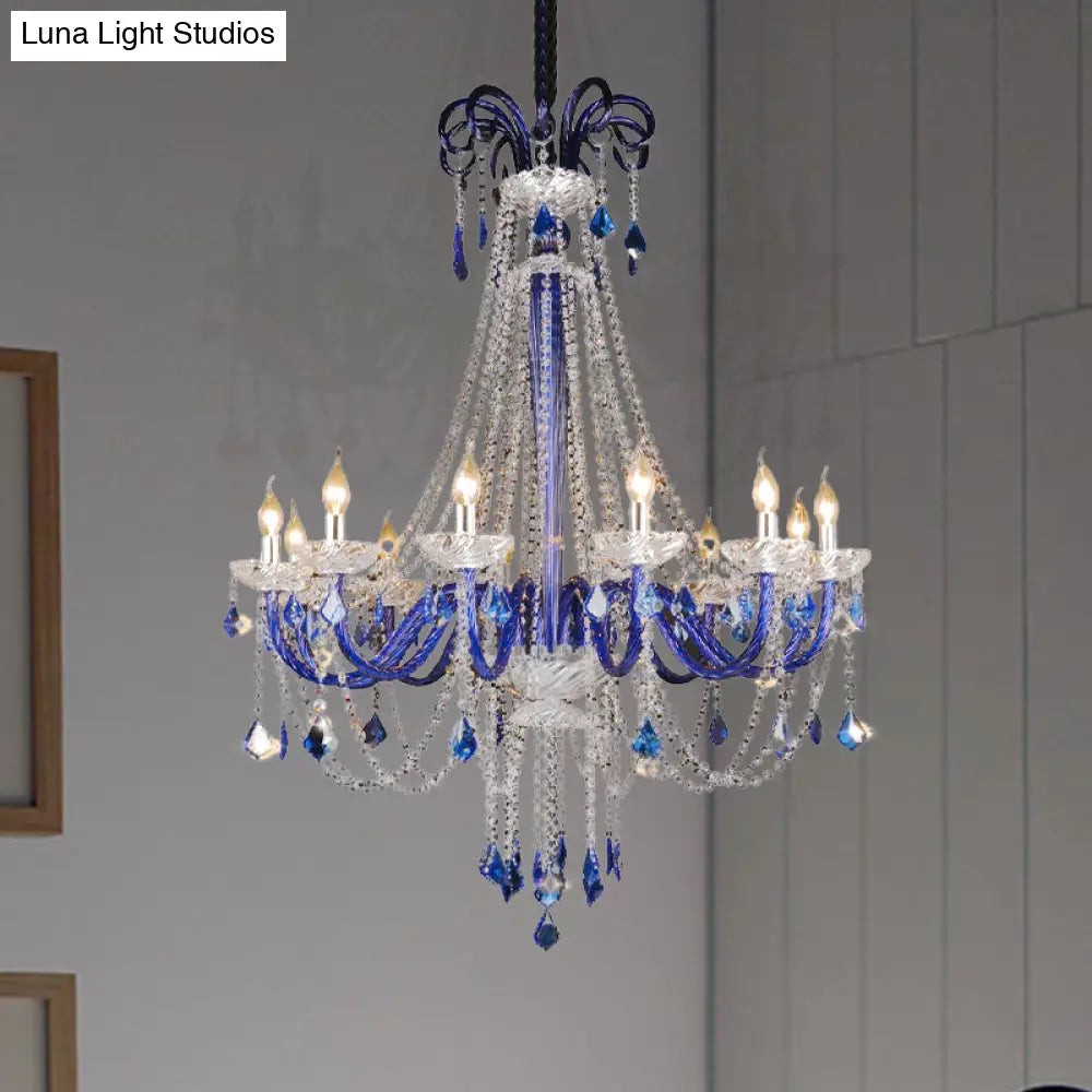 Modern Blue Crystal Candle Chandelier | 12-Light Hanging Ceiling Lamp For Balcony