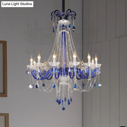 Modern Blue Crystal Candle Chandelier | 12-Light Hanging Ceiling Lamp For Balcony