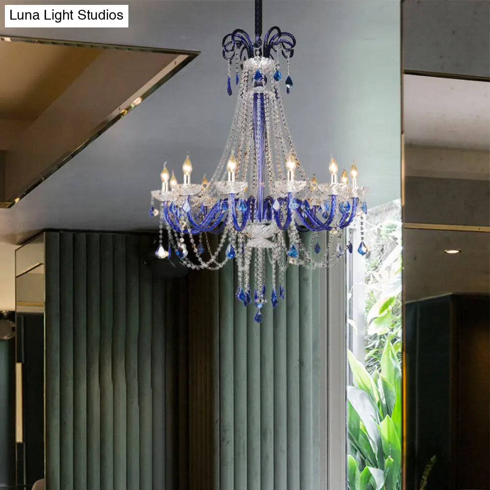 Modern Crystal Hanging Chandelier - 12 Light Blue Ceiling Lamp For Balcony