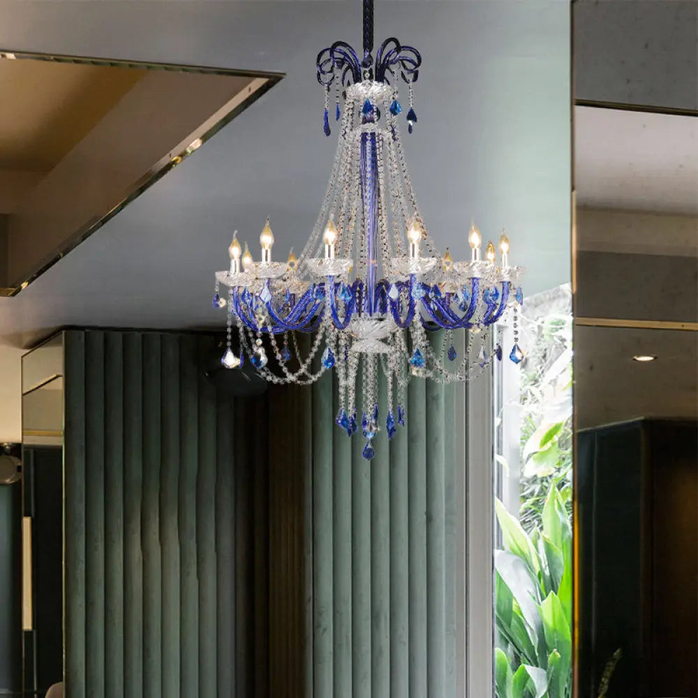 Modern Blue Crystal Candle Chandelier | 12-Light Hanging Ceiling Lamp For Balcony