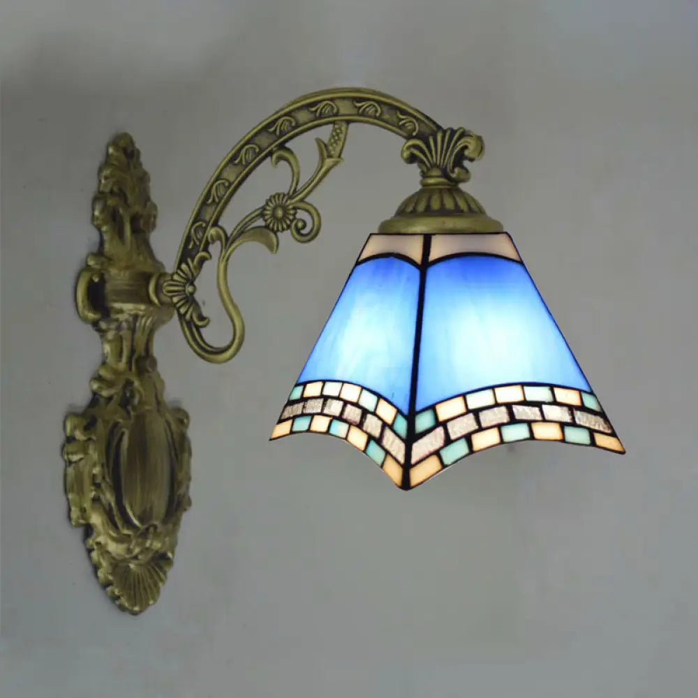 Modern Blue Cut Glass Pyramid Wall Light With Mediterranean Brass Finish And Curved Arm - Mounted