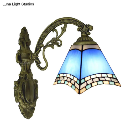 Modern Blue Cut Glass Pyramid Wall Light With Mediterranean Brass Finish And Curved Arm - Mounted