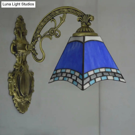 Modern Blue Cut Glass Pyramid Wall Light With Mediterranean Brass Finish And Curved Arm - Mounted