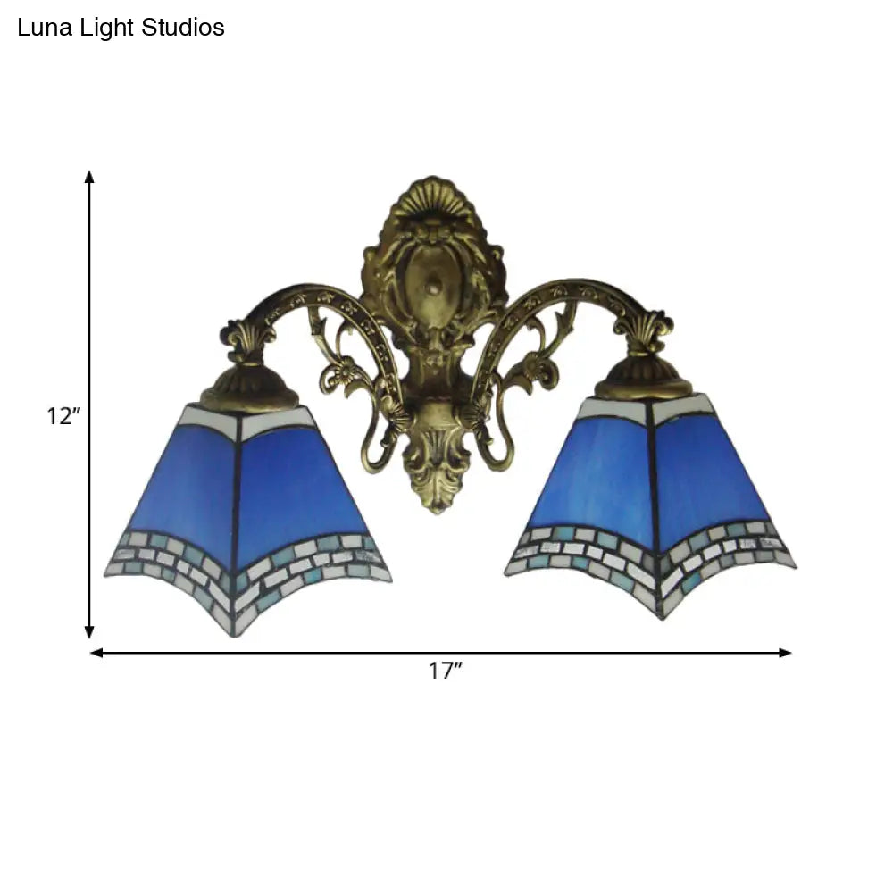 Modern Blue Cut Glass Pyramid Wall Light With Mediterranean Brass Finish And Curved Arm - Mounted