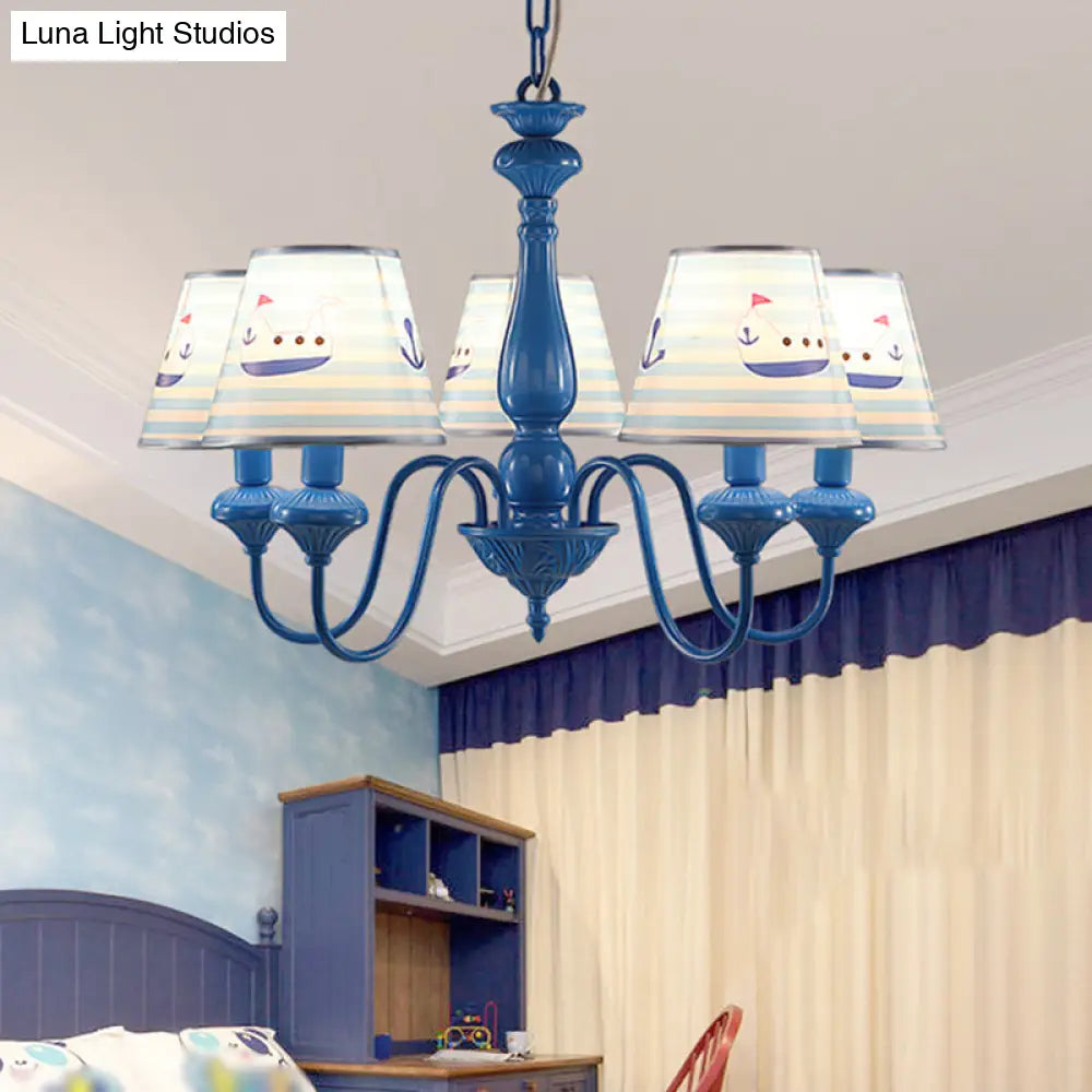 Modern Blue Fabric Chandelier Light Fixture - 5 Heads Empire Shade Patterned Design Ideal For Childs