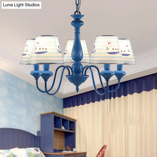 Modern Blue Fabric Chandelier Light Fixture - 5 Heads Empire Shade Patterned Design Ideal For Childs