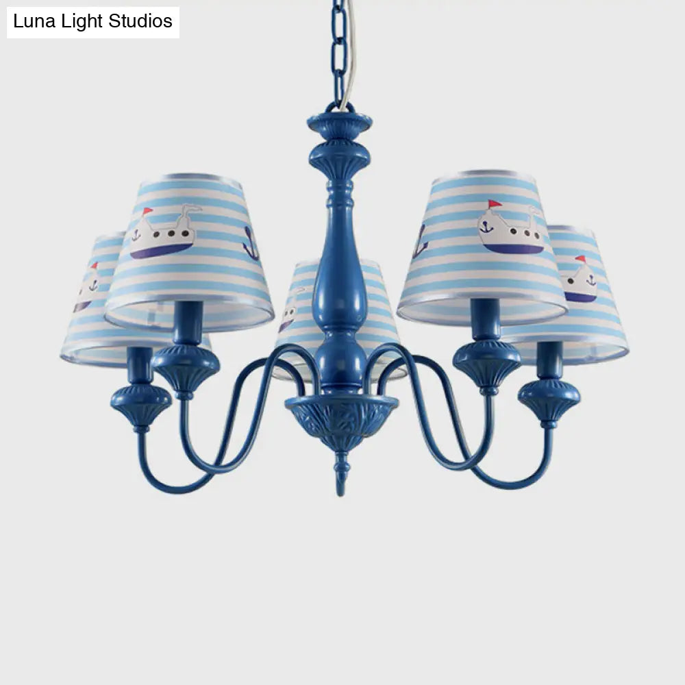 Modern Blue Fabric Chandelier Light Fixture - 5 Heads Empire Shade Patterned Design Ideal For Childs