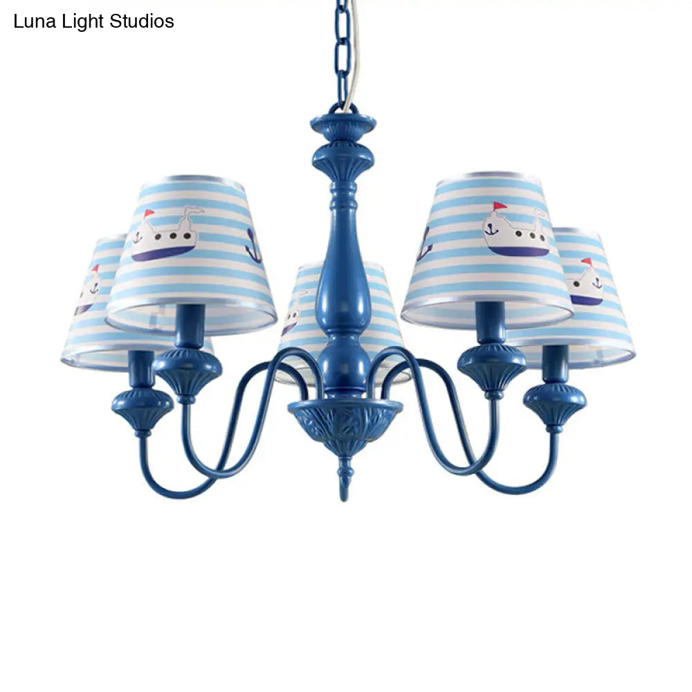 Modern Blue Fabric Chandelier Light Fixture - 5 Heads Empire Shade Patterned Design Ideal For Childs