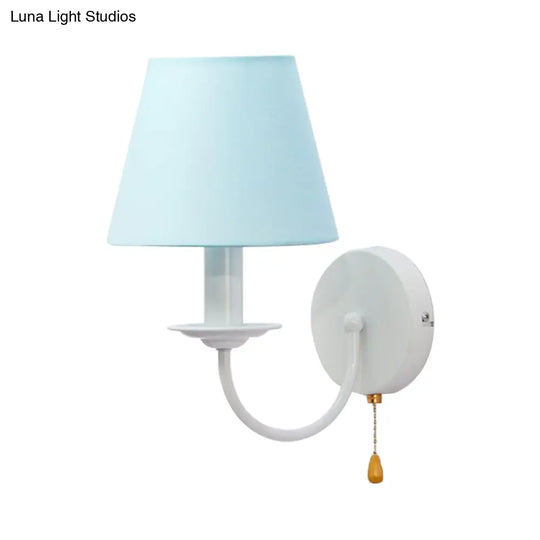 Modern Blue Fabric Tapered Shade Wall Light With Pull Chain - Dining Room Sconce