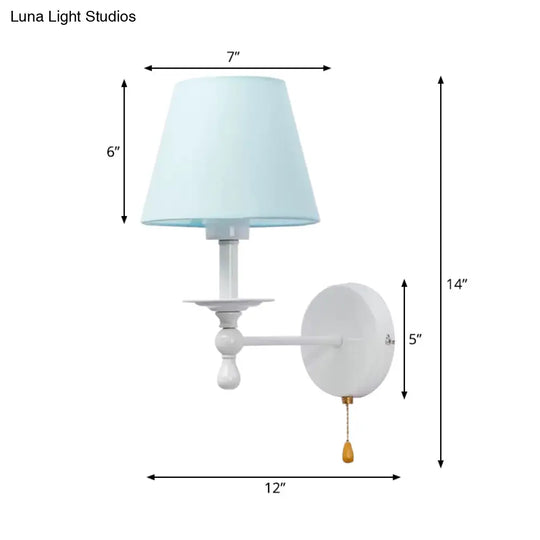 Modern Blue Fabric Tapered Shade Wall Light With Pull Chain - Dining Room Sconce