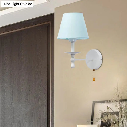 Modern Blue Fabric Tapered Shade Wall Light With Pull Chain - Dining Room Sconce