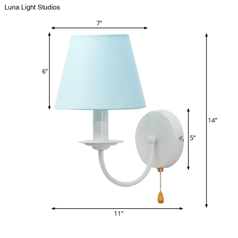 Modern Blue Fabric Tapered Shade Wall Light With Pull Chain - Dining Room Sconce