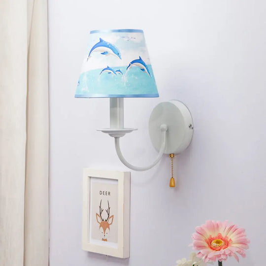 Modern Blue Fabric Tapered Shade Wall Light With Pull Chain - Dining Room Sconce / Dolphin