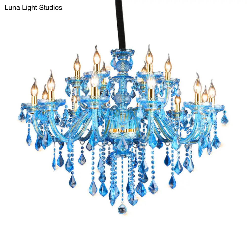 Modern Blue Glass Crystal Chandelier Light With Beveled Pendant - 8/18 Heads Shade/Shadeless Options