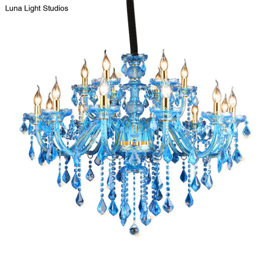 Modern Blue Glass Crystal Chandelier Light With Beveled Pendant - 8/18 Heads Shade/Shadeless Options