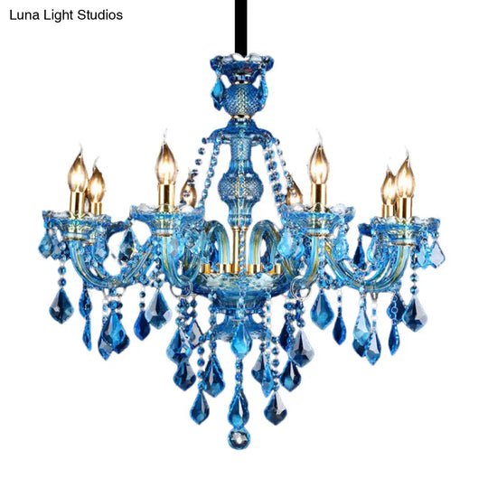 Modern Blue Glass Crystal Chandelier Light With Beveled Pendant - 8/18 Heads Shade/Shadeless Options