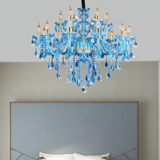 Modern Blue Glass Crystal Chandelier Light With Beveled Pendant - 8/18 Heads Shade/Shadeless Options