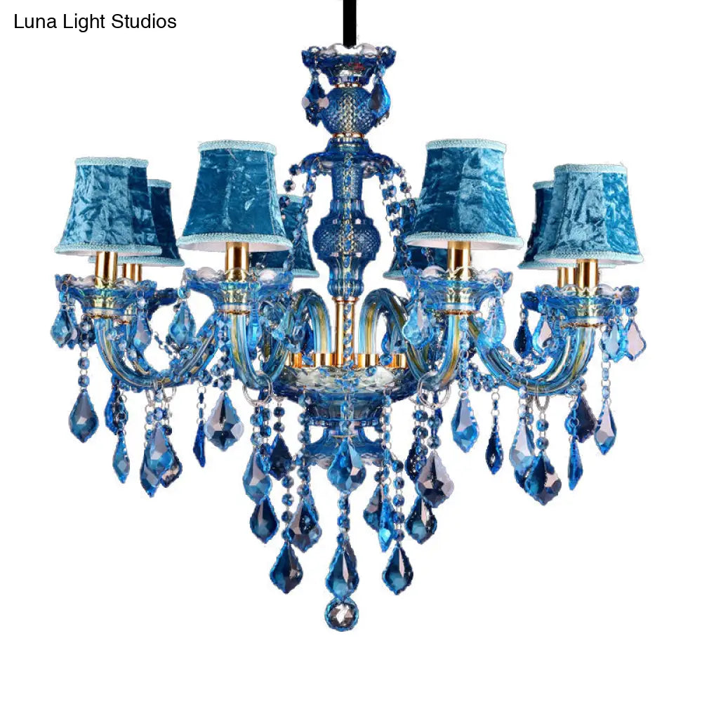 Modern Blue Glass Crystal Chandelier Light With Beveled Pendant - 8/18 Heads Shade/Shadeless Options