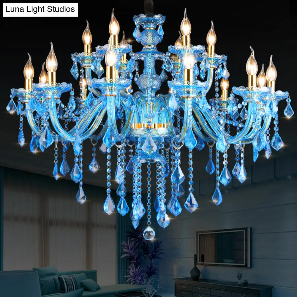 Modern Blue Glass Crystal Chandelier Light With Beveled Pendant - 8/18 Heads Shade/Shadeless Options