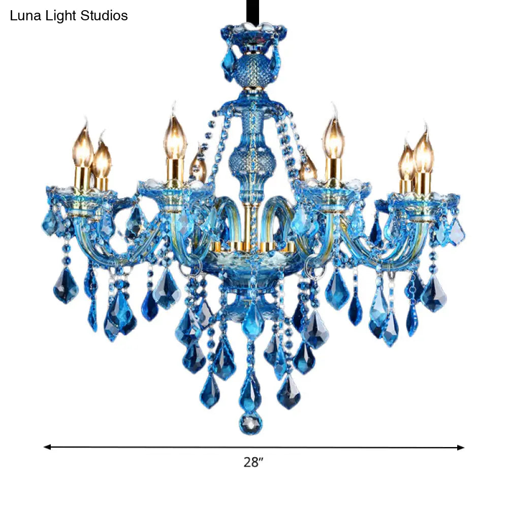 Modern Blue Glass Crystal Chandelier Light With Beveled Pendant - 8/18 Heads Shade/Shadeless Options