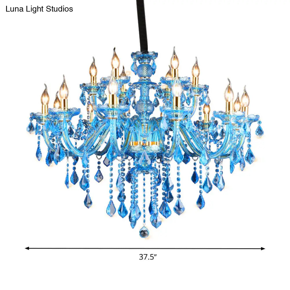 Modern Blue Glass Crystal Chandelier Light With Beveled Pendant - 8/18 Heads Shade/Shadeless Options