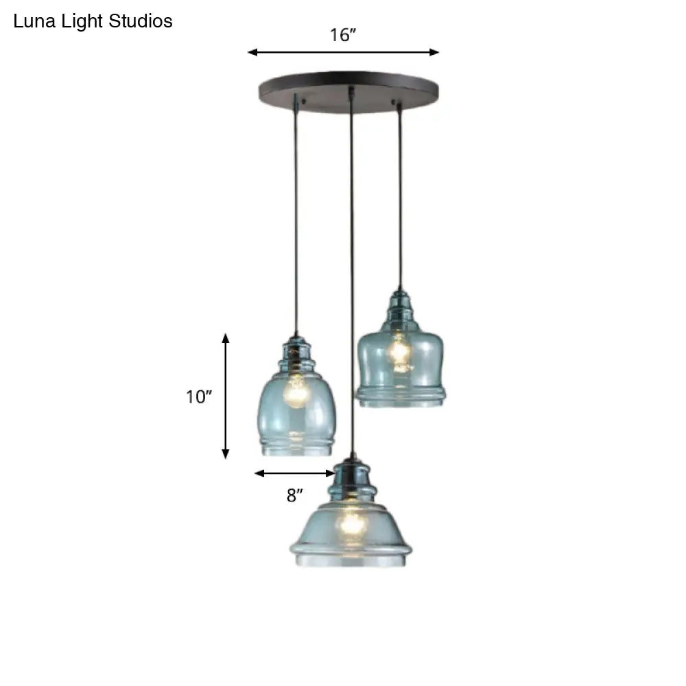 Modern Blue Glass Multi Pendant Hanging Light Fixture For Dining Room With Black Canopy - 3 Lights