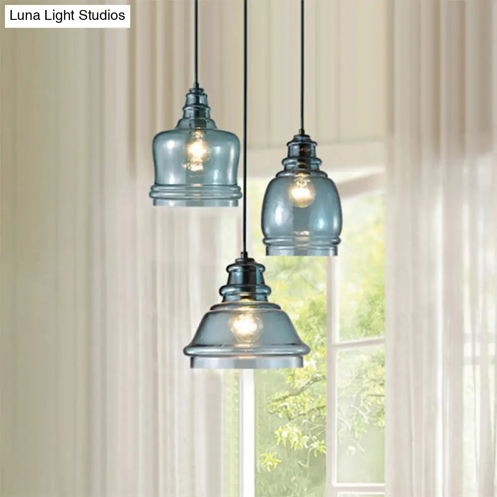 Blue Glass Multi-Pendant Light Fixture For Modern Dining Room In Black Finish / Round