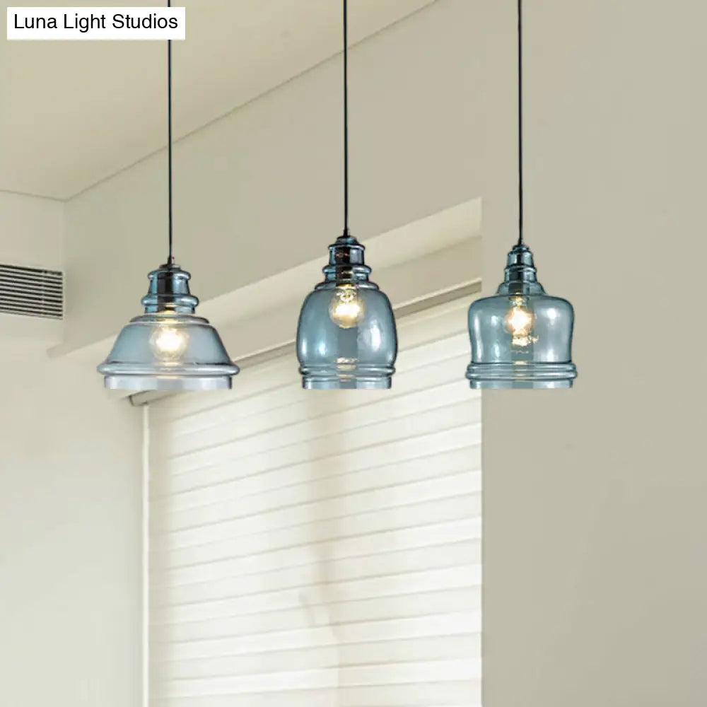 Blue Glass Multi-Pendant Light Fixture For Modern Dining Room In Black Finish