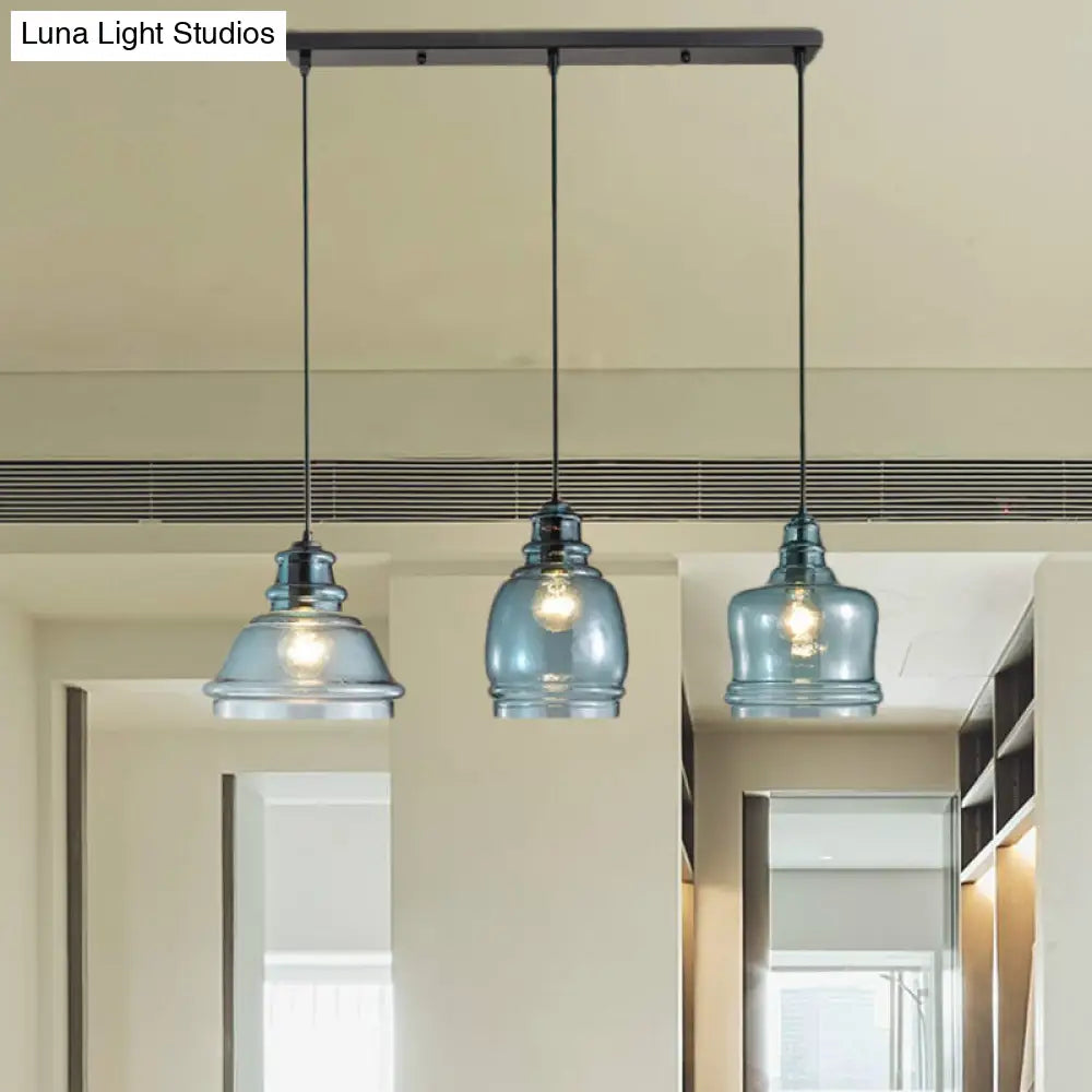 Blue Glass Multi-Pendant Light Fixture For Modern Dining Room In Black Finish