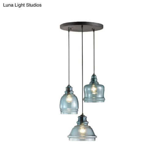 Blue Glass Multi-Pendant Light Fixture For Modern Dining Room In Black Finish