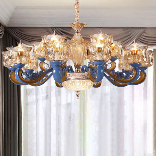 Modern Blue Glass Pendant Chandelier With Curved Ceiling Fixture And Shade 18 / Clear 2 Tiers