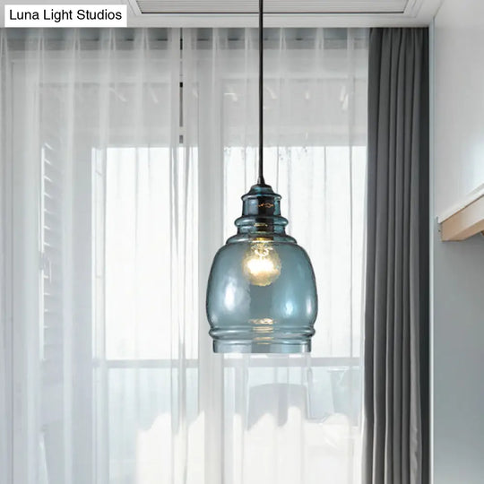 Modern Blue Glass Pendant Light - Wide Masion Jar Globe/Drum Design (1 Light)