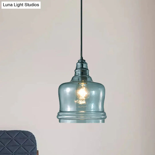 Modern Blue Glass Pendant Light - Wide Masion Jar Globe/Drum Design (1 Light)