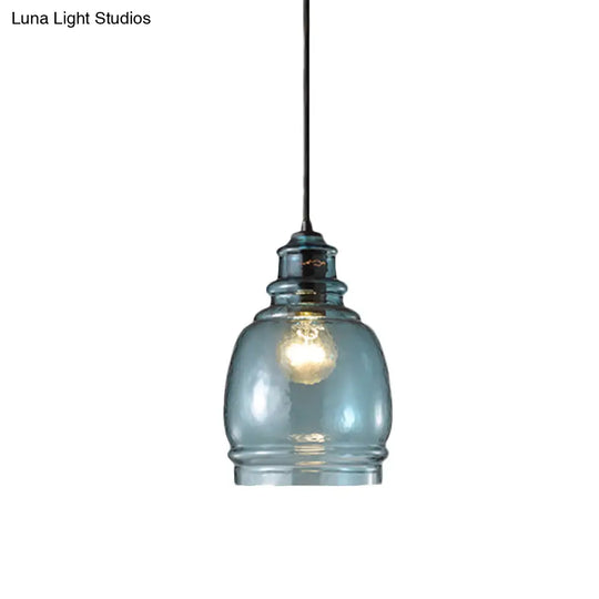 Modern Blue Glass Pendant Light - Wide Masion Jar Globe/Drum Design (1 Light)