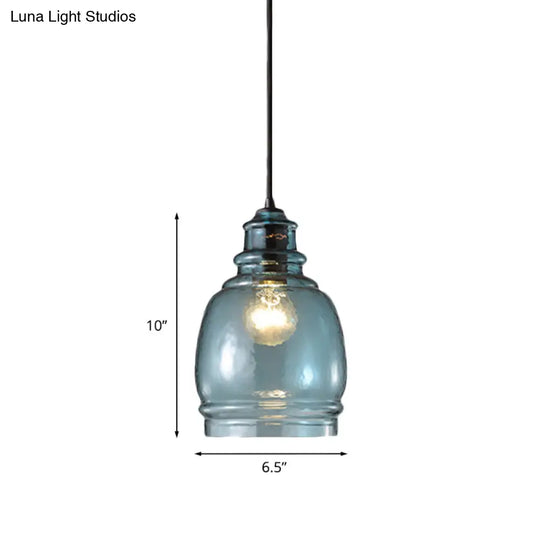 Modern Blue Glass Pendant Light - Wide Masion Jar Globe/Drum Design (1 Light)