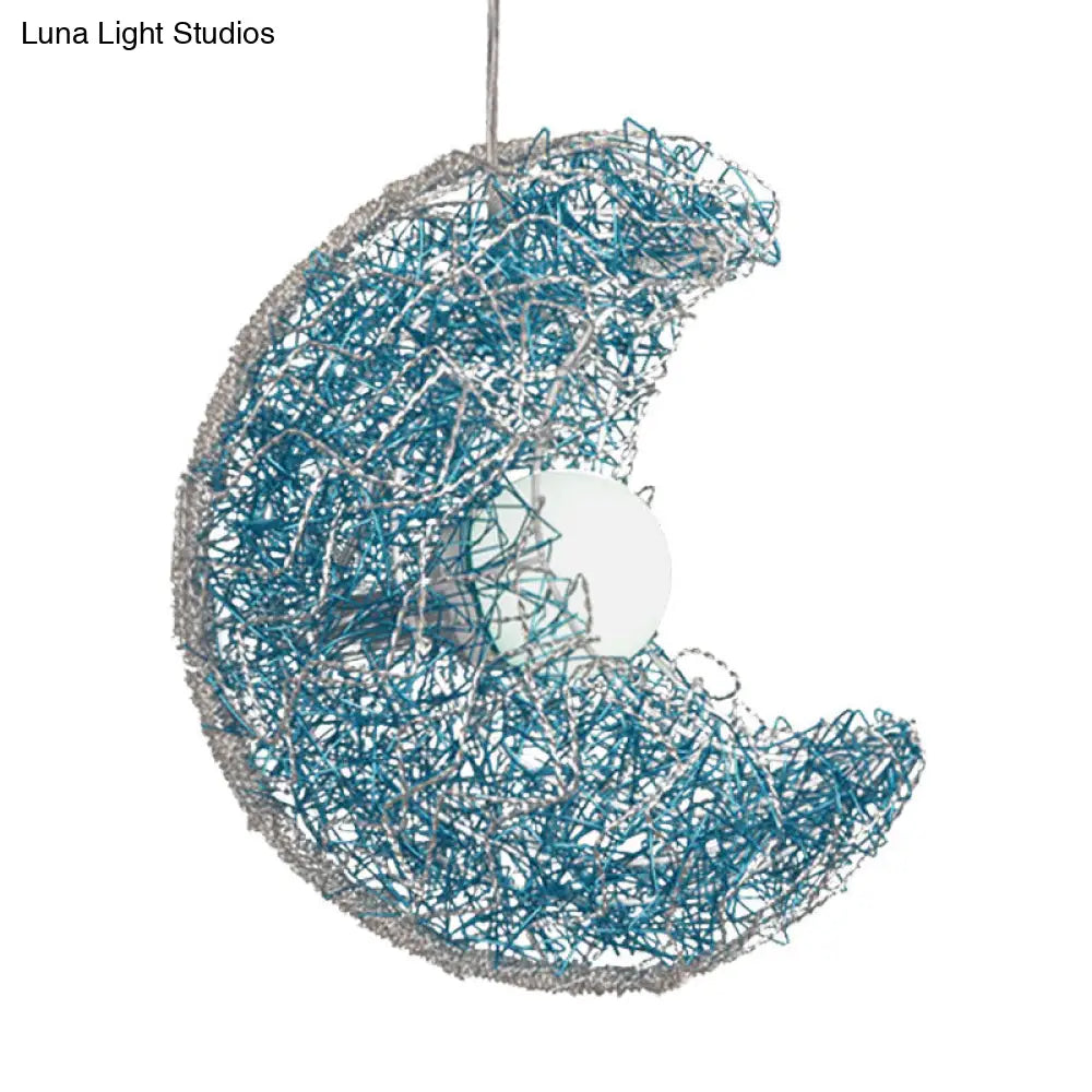 Modern Blue Moon Shaped Pendant Light - Nordic Style Metal Wire 1 Bulb Suspension Lamp