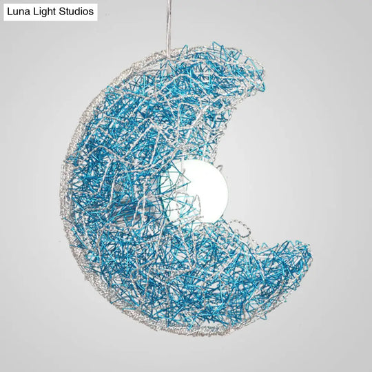 Modern Blue Moon Shaped Pendant Light - Nordic Style Metal Wire 1 Bulb Suspension Lamp