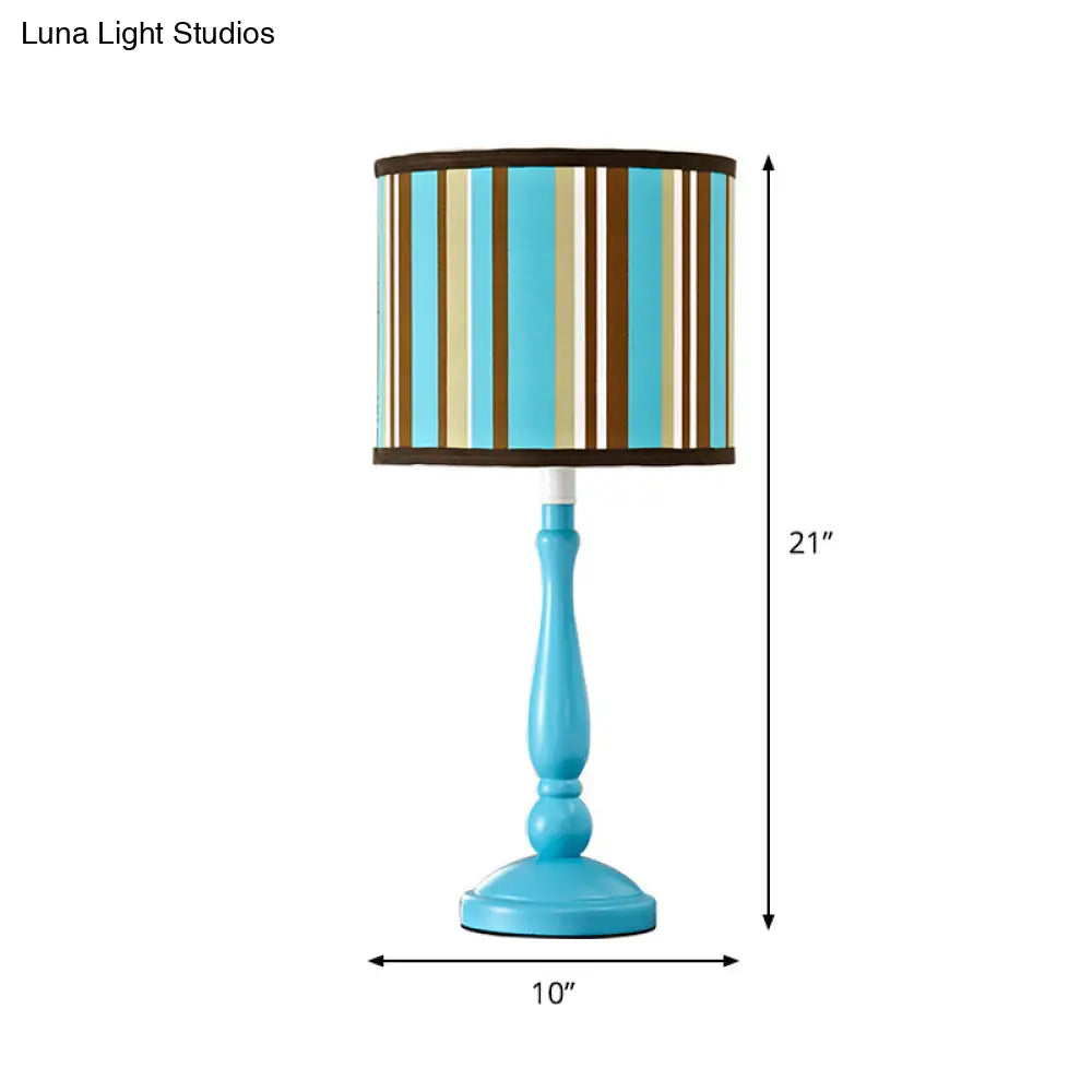 Modern Blue Nightstand Lamp With Fabric Drum Shade - 1 Bulb Bedroom Night Table Light