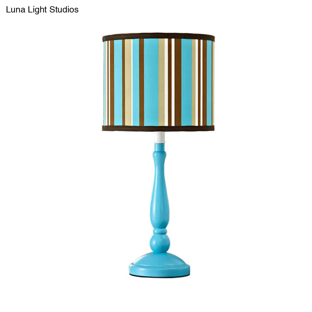 Modern Blue Nightstand Lamp With Fabric Drum Shade - 1 Bulb Bedroom Night Table Light