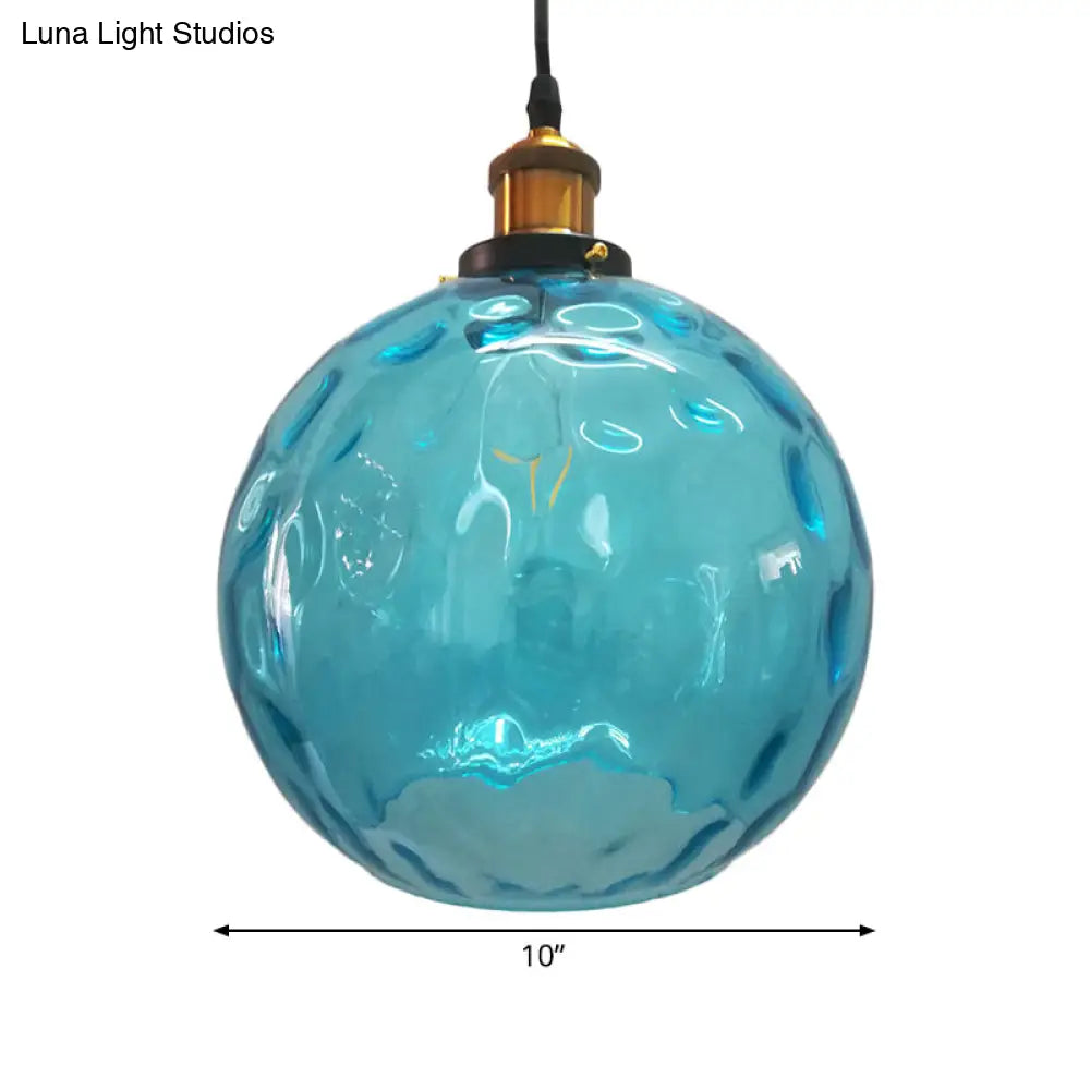 Blue Rippled Glass Ball Hanging Light - Modern 1 Brass Ceiling Lamp 8/10/12 W